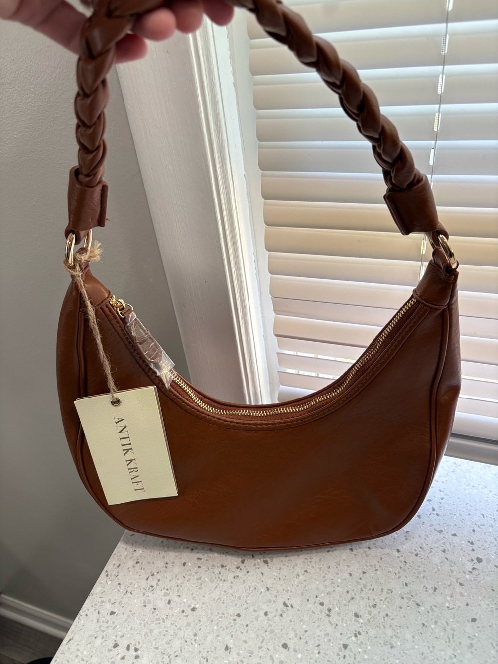 NWT Antik Kraft The Bellamy- Tan Crescent Shoulder Bag with Braided Handle - Picture 3 of 11